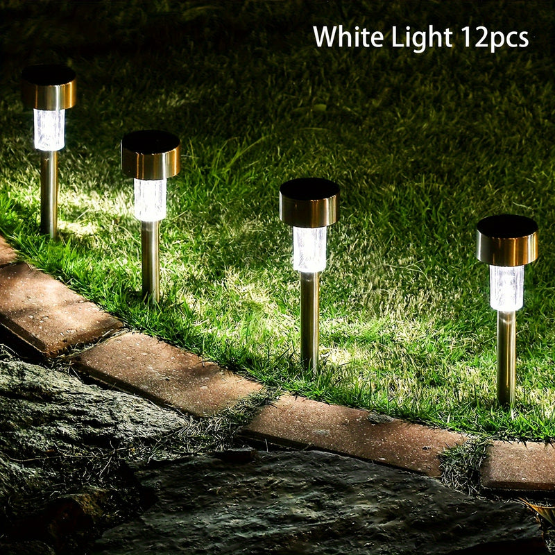 Conjunto de 12 Luces Solares LED para Caminos de Acero Inoxidable - Decoración Exterior para Jardín y Césped, Impermeable, Brillo Amarillo Cálido, Diseño Metálico Elegante para Iluminación Paisajística, Luces Solares Exteriores