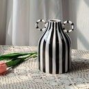 1pc Jarrón de cerámica con rayas, estilo creativo y sencillo, con dos asas, forma cilíndrica redonda, decoración para el hogar y la cocina, no requiere energía, no incluye batería