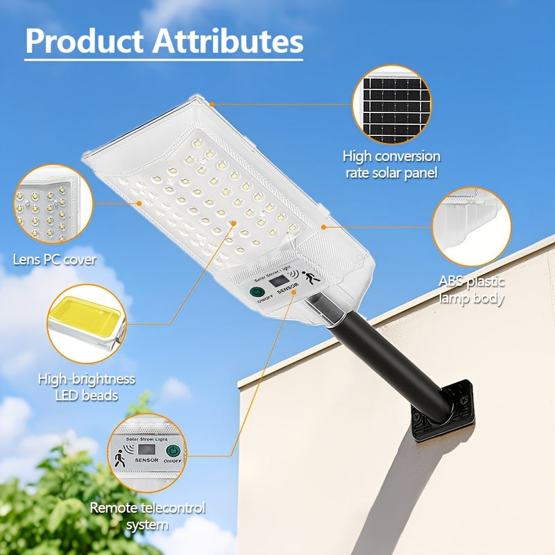 Nueva luz de camino solar integrada con sensor de movimiento, iluminación inteligente para exteriores, calles, patios y jardines, fijo de plástico resistente al tiempo con control remoto, luces solares para exteriores, cuerpo de plástico duradero.