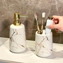 Juego de 4 piezas de cerámica con diseño de mármol para baño, incluye vaso para cepillo de dientes, dispensador de jabón líquido, ideal para hogar, alquiler o hotel