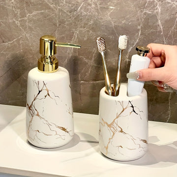Juego de 4 piezas de cerámica con diseño de mármol para baño, incluye vaso para cepillo de dientes, dispensador de jabón líquido, ideal para hogar, alquiler o hotel