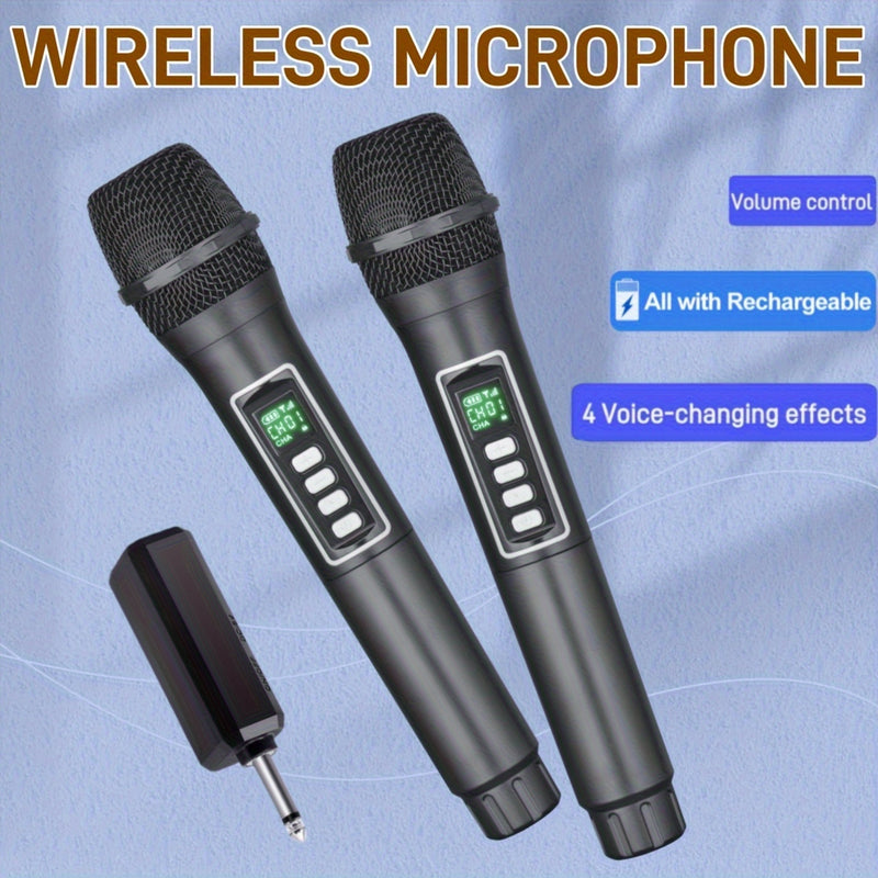 Micrófono inalámbrico negro, 2,4 GHz, sin cables, recargable por USB con batería, con enchufe de 6,35 mm, 4 efectos de cambio de voz, control de volumen, todo recargable, para actuaciones en vivo, conciertos, karaoke, estudios de grabación.
