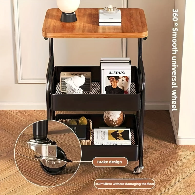 Carrito de almacenamiento rodante de 3 niveles con parte superior de madera y ruedas - Organizador versátil para snacks, libros y más - Ideal para uso en casa o en la oficina, carrito de almacenamiento de oficina | Carrito de almacenamiento moderno | Est