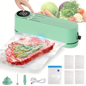 1 máquina de sellado de vacío portátil recargable con carga USB, sistema de almacenamiento y empaque de alimentos eléctricos de mano para papas fritas, snacks, galletas y más, incluye bomba de aire y múltiples bolsas de sellado.