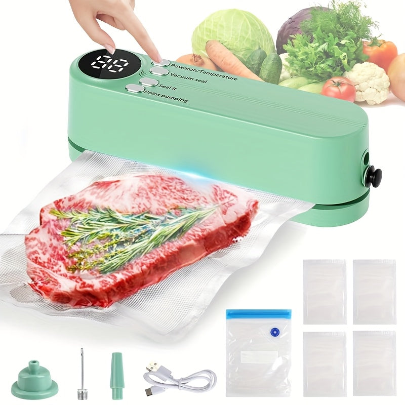 1 máquina de sellado de vacío portátil recargable con carga USB, sistema de almacenamiento y empaque de alimentos eléctricos de mano para papas fritas, snacks, galletas y más, incluye bomba de aire y múltiples bolsas de sellado.