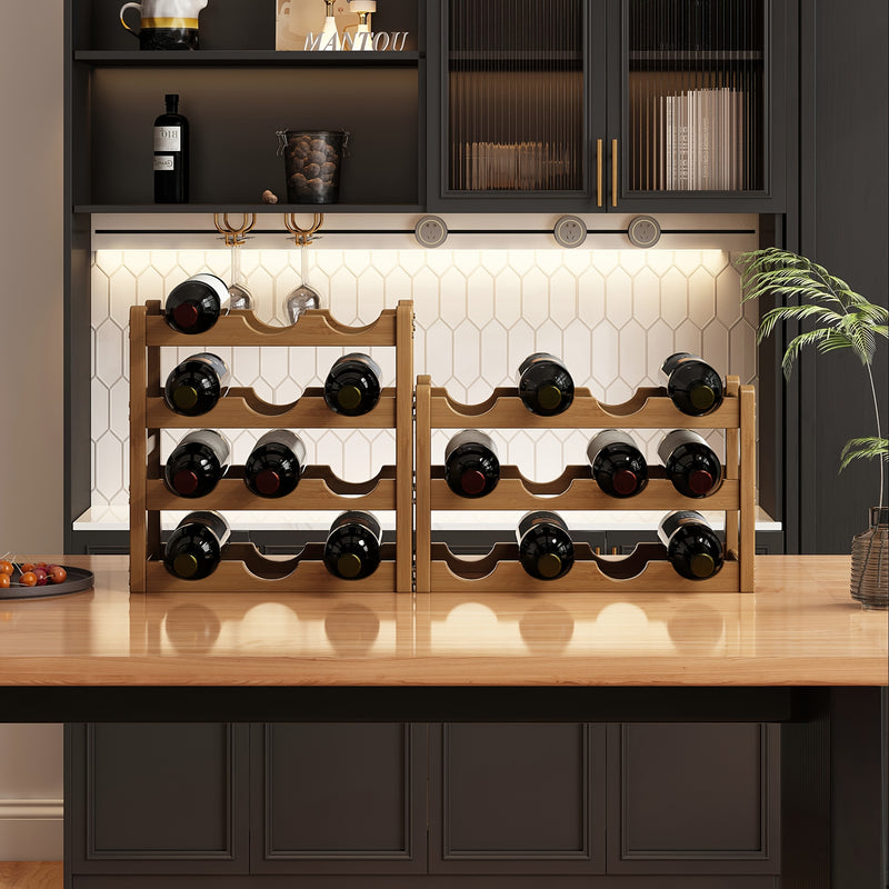 Soporte de Vino Apilable de Bambú de 2 Niveles – Soporte Independiente para Cocina y Hogar, Ahorra Espacio, Fácil Montaje Sin Herramientas, Diseño Moderno para Encimeras y Espacios Pequeños