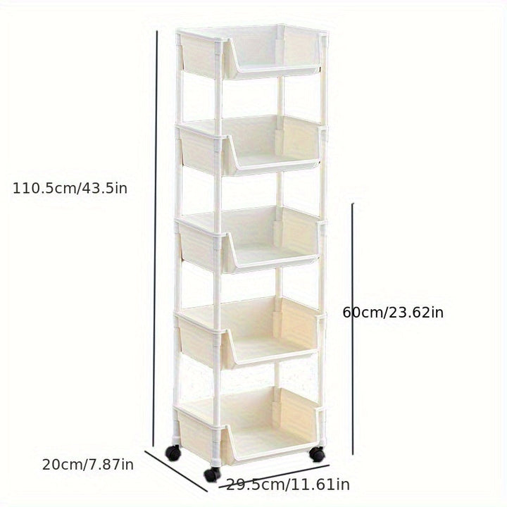 Carrito de Almacenamiento Rodante de 4/5 Niveles con Ruedas - Organizador Compacto de Plástico Duradero para Hogar, Oficina, Guardería - Unidad Móvil Ligera sin Montaje Necesario, Solución de Almacenamiento Doméstico | Diseño Blanco Limpio | Estantería L