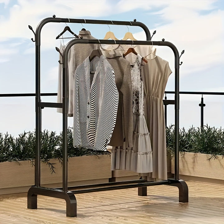 1pc Perchero clásico de doble varilla, gran capacidad de hierro y plástico, de pie con estantes para abrigos, sombreros, zapatos - Ideal para dormitorio, balcón, almacenamiento de baño - Fácil autoensamblaje, perchero autoensamblado | Elegante acabado ne