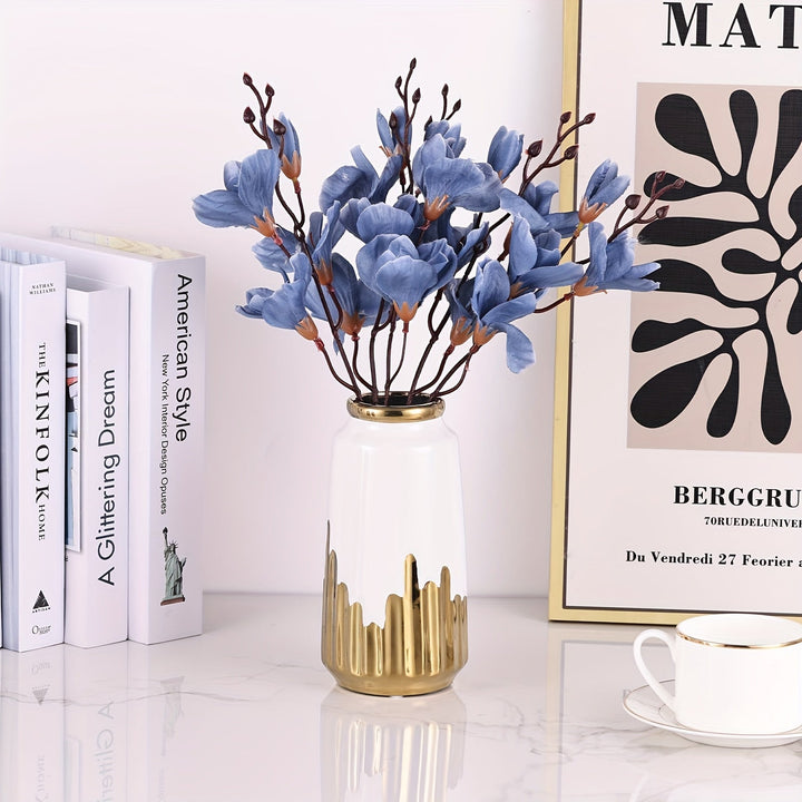 Jarrón de cerámica minimalista moderno con un lujoso baño dorado, perfecto para la decoración del hogar y arreglos florales en la sala de estar.