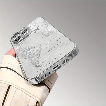 Fundas de Teléfono TPU Electroplateadas con Patrón Creativo de Vuelo en Mapa Gris y Protección para Lente para iPhone 16/16Pro/16ProMax/16Plus/16e, 15/15Plus/15Pro/15ProMax, 14/14Plus/14Pro/14ProMax, 13/13Pro/13ProMax, 12/12Pro/12ProMax, 11/11Pro/11ProMa