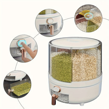 Balde de Arroz (Capacidad 4.54-6.8 KG), Dispensador de Almacenamiento de Granos, Caja para Granos Secos Giratoria 360°, 6 Compartimentos de Fácil Acceso para Granos Pequeños y Legumbres en la Cocina, ¡Caja de Almacenamiento de Arroz con Salida a Un Toque!