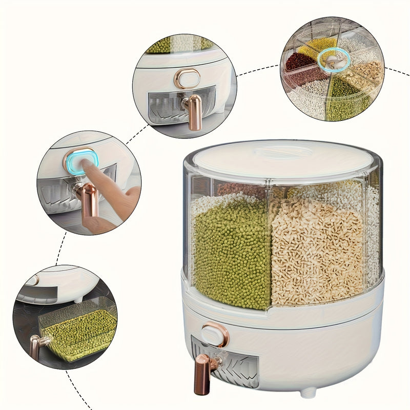 Balde de Arroz (Capacidad 4.54-6.8 KG), Dispensador de Almacenamiento de Granos, Caja para Granos Secos Giratoria 360°, 6 Compartimentos de Fácil Acceso para Granos Pequeños y Legumbres en la Cocina, ¡Caja de Almacenamiento de Arroz con Salida a Un Toque!
