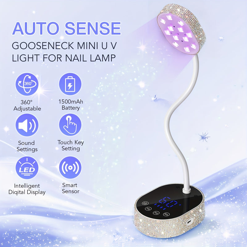 Linterna de Uñas Compacta para Escritorio con Pantalla Táctil - Secador Portátil con Piedras Brillantes, 12 Luces LED, Sensor Infrarrojo Inteligente, Kit de Manicura Perfecto para Cumpleaños de Mujeres