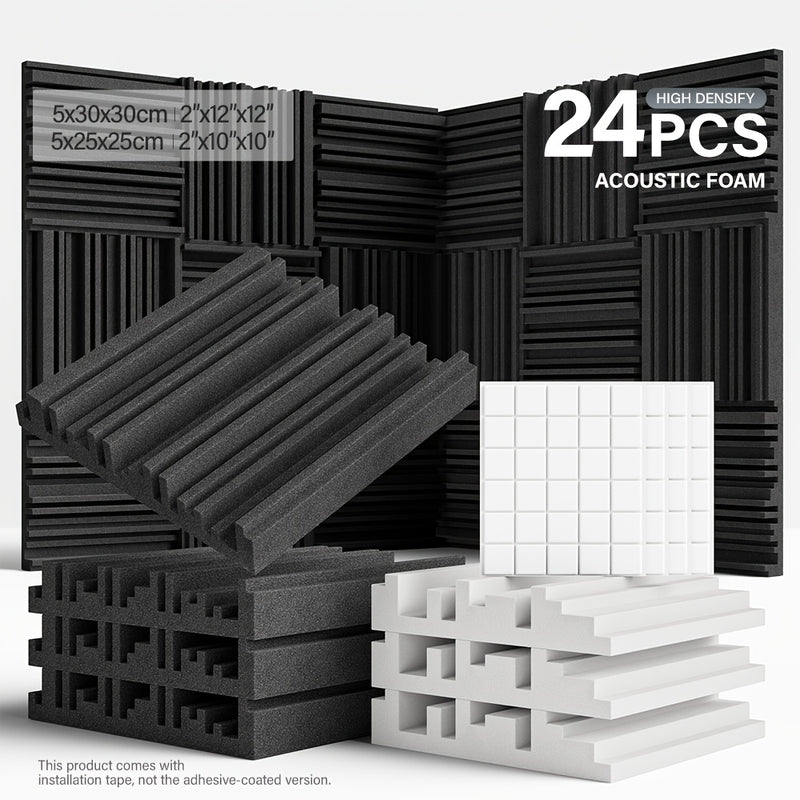 24 piezas de paneles de espuma acústica de alta densidad - 10x10x2/12x12x2 pulgadas, paneles de aislamiento acústico negros y blancos con adhesivo de doble cara para estudio, cine en casa, KTV - Instalación fácil, reducción de ruido, paneles de aislamien