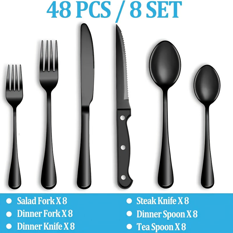 Juego de vajilla de acero inoxidable negro de 24/48 piezas, que incluye cuchillos para bistec, tenedores, cucharas, tenedores y cucharas para postres, adecuado para cocina doméstica/restaurante/hotel/exteriores/fiesta/Día de Halloween/Día del Padre, apto