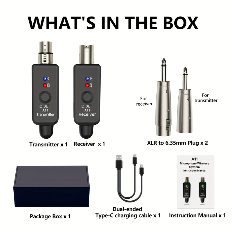 [Micrófono Inalámbrico de Alta Calidad] Sistema de Micrófono Inalámbrico de 2.4Ghz - Transmisión de Sonido de Alta Calidad Compacto Recargable por USB con Adaptador XLR y Puerto de Carga Tipo-C - Ideal para Mezcla de Audio y Micrófonos Dinámicos y de Con