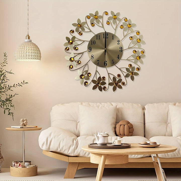 [Reloj Moderno de Flores Redondo] Reloj de Pared Silencioso Moderno Metálico de 14.17 pulgadas - 1 pza Diseño Redondo de Flores Fácil de Leer Con Cristales - Accesorio de Decoración para Sala de Estar y Dormitorio