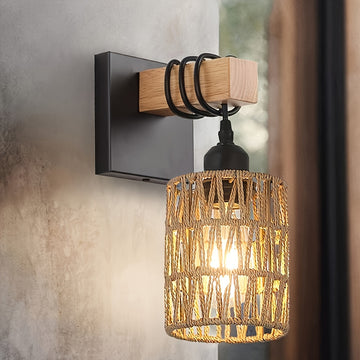 1pz/2pzs Apliques de Pared Estilo Boho de Ratán, Lámparas de Pared Tejidas al Hilo con Brazo de Madera para Casa de Campo, Grandes Luces Montadas en la Pared Rústicas de Mimbre para Dormitorio Guardería Sala de Baño y Salón