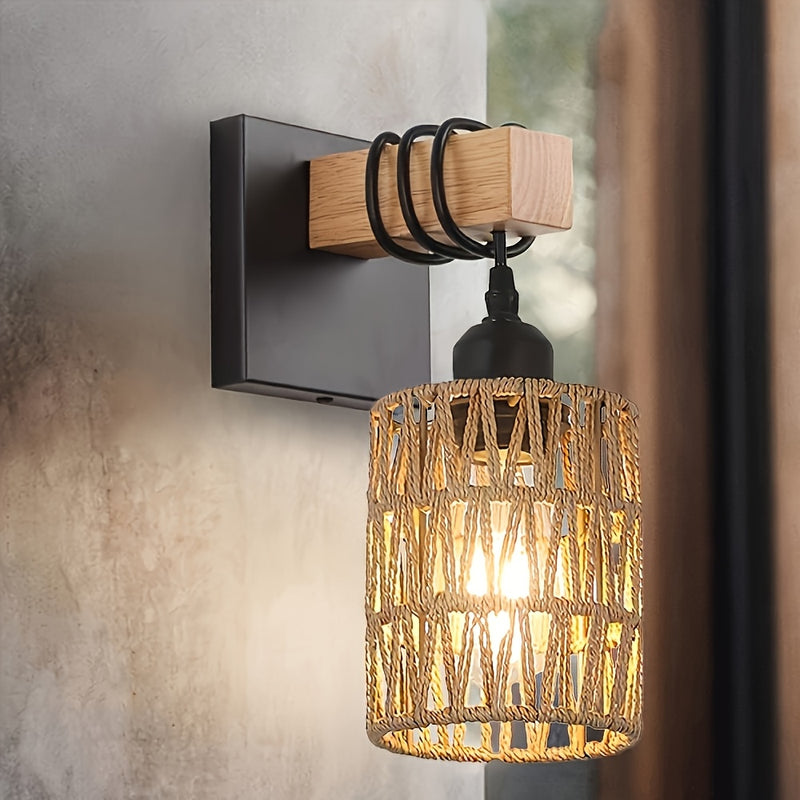 1pz/2pzs Apliques de Pared Estilo Boho de Ratán, Lámparas de Pared Tejidas al Hilo con Brazo de Madera para Casa de Campo, Grandes Luces Montadas en la Pared Rústicas de Mimbre para Dormitorio Guardería Sala de Baño y Salón