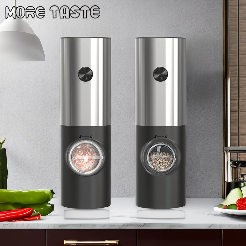 SET DE MOLINILLOS ELÉCTRICOS PARA SAL Y PIMIENTA MORE TASTE 2 piezas, Saleros y Pimenteros Recargables con Grano Ajustable, Operación con Una Mano y Luz LED, Acero Inoxidable