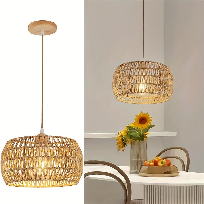 1pieza Lámpara de araña bohemia de ratán, estilo de país, con sombra de lámpara tejida de madera, dispositivo de suspensión ajustable base E26, sin bola, para iluminación de isla de cocina, pasillo, dormitorio, comedor, iluminación de comedor | Estilo rú