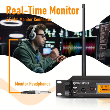Sistema de Monitores Intraurales Inalámbricos UHF LMBGM AR2090 - Doble Canal, Control Táctil, Ideal para Músicos de Escenario y Estudio (Incluye 2 Cinturones y Transmisor), LMGBM