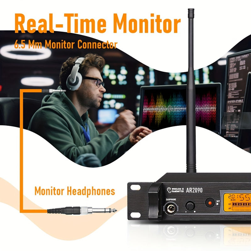 Sistema de Monitores Intraurales Inalámbricos UHF LMBGM AR2090 - Doble Canal, Control Táctil, Ideal para Músicos de Escenario y Estudio (Incluye 2 Cinturones y Transmisor), LMGBM