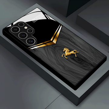 Funda de vidrio versátil con diseño de caballo dorado en relieve para Samsung Galaxy S25/S25 Plus/S25 Ultra/S24/S24 FE/S24 Plus/S24 Ultra/S23+/S23 Ultra/S22+/S22 Ultra/S20+/S20 FE/S20 Ultra/A13/A14/A16/A32/A33/A34/A53/A54/A72/A73 5G - Estilo premium