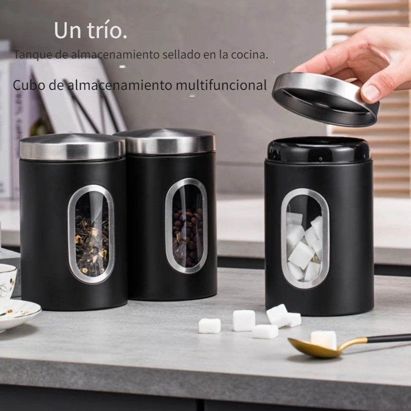 1pc Contenedor Hermético de Acero Inoxidable para Almacenamiento de Alimentos - Reutilizable, Tarro Metálico Redondo con Tapa Abatible para Granos de Café, Té, Azúcar y Más - Perfecto para la Organización de la Cocina