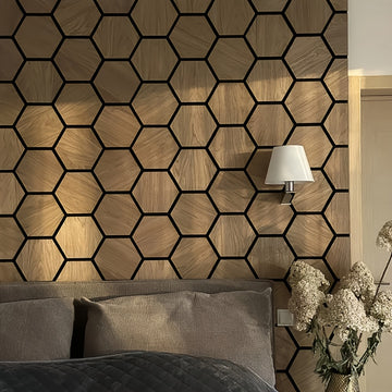 Paneles Acústicos Hexagonales Modernos en Fieltro Negro - Decoración de Pared y Techo Insonorizante de Roble Natural para Estudios de Grabación y Cines Caseros