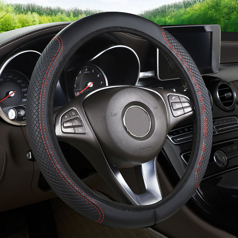 Funda para volante en cuero sintético transpirable - Protector duradero y resistente a rayones con detalles en rojo, para autos pequeños, uso en todas las estaciones, accesorios para interior de auto, accesorio elegante para auto, piezas de calidad para