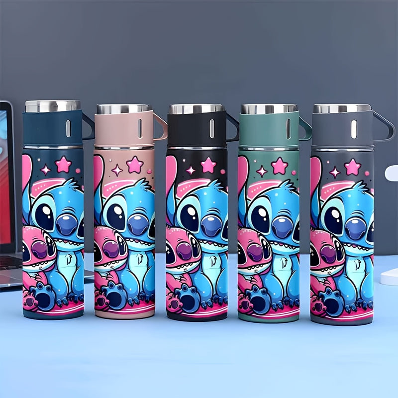 Juego de 1 Set 17Oz Disney Stitch Acero Inoxidable Termo a Prueba de Fugas con 3 Tazas para Bebidas Calientes y Frías, Adecuado para Viajes de Negocios y Útiles Escolares LHB03211
