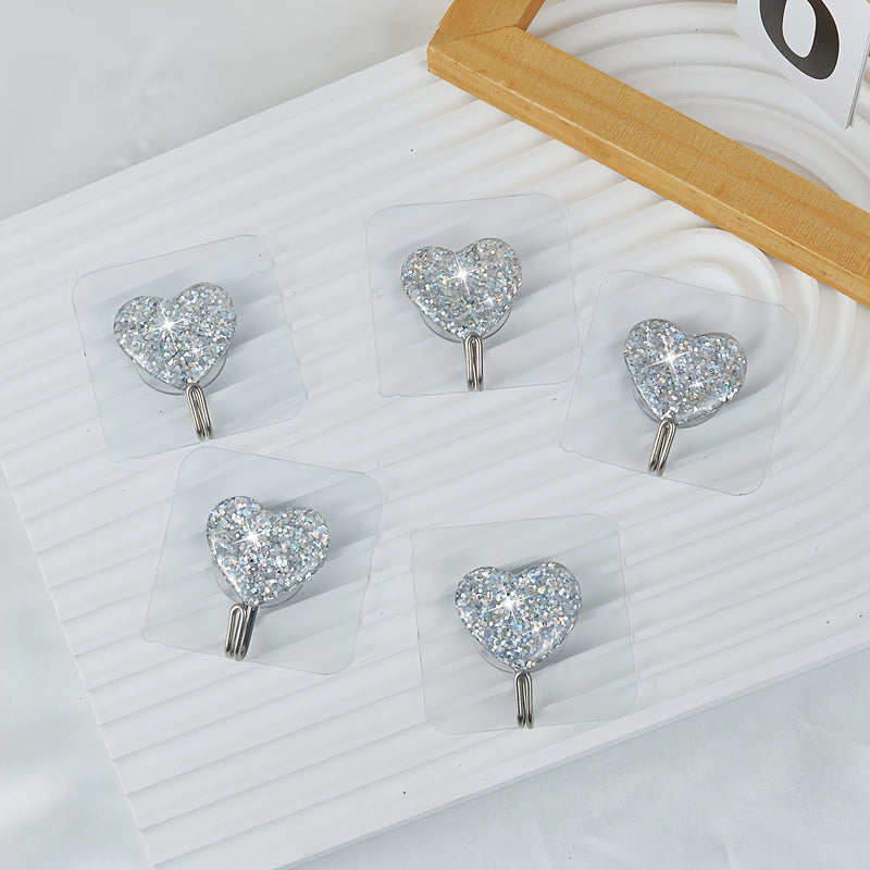 5 Piezas, Ganchos Adhesivos Con Diseño De Corazón Con Lentejuelas Brillantes, Sin Necesidad De Taladrar, Acero Inoxidable, Perchas De Pared De Gran Capacidad De Carga, Decoración Contemporánea Para Baño, Dormitorio, Entrada