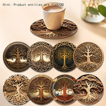 Conjunto de 8 Piezas Árbol de la Vida, Imagen Plana en 2D para Productos, Posavasos de Madera, Esencial para Reuniones Familiares Festivas, Adecuado para Bares, Empresas, Hogares y Diversos Lugares 9.98cm*9.98cm