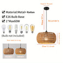 Lámpara colgante artesanal de ratán con pantalla de hierro, montaje semiempotrado en metal pulido tradicional, cadena ajustable, base E26, compatible con 110V-240V, ideal para cocina, comedor, sala de estar o entrada