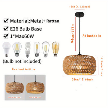 Lámpara colgante artesanal de ratán con pantalla de hierro, montaje semiempotrado en metal pulido tradicional, cadena ajustable, base E26, compatible con 110V-240V, ideal para cocina, comedor, sala de estar o entrada