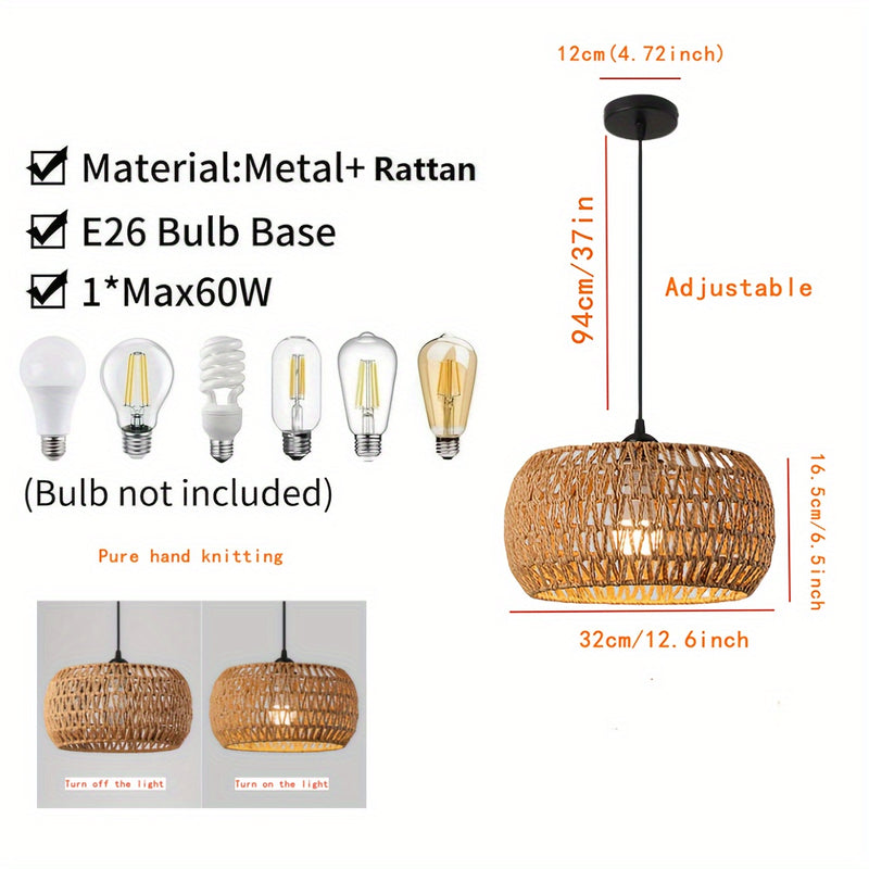 Lámpara colgante artesanal de ratán con pantalla de hierro, montaje semiempotrado en metal pulido tradicional, cadena ajustable, base E26, compatible con 110V-240V, ideal para cocina, comedor, sala de estar o entrada