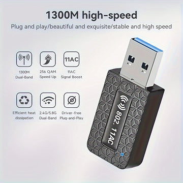 Adaptador WiFi Router para escritorio con 1300Mbps, doble banda 2.4GHz y 5.8GHz, antena de alta ganancia, modo USB, compatible con Windows 7/8/8.1/10/11, batería de botón no recargable, no incluye batería, router para hogar y oficina.