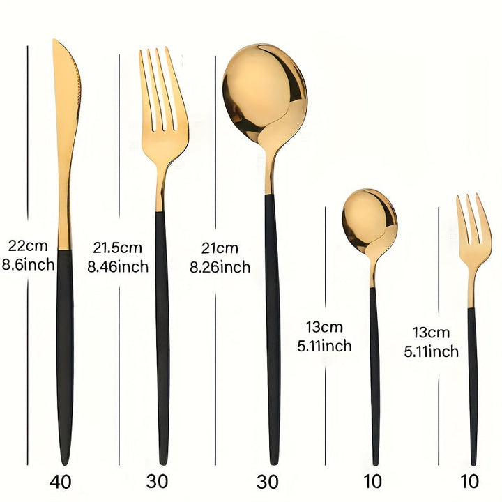 Juego de cubiertos de acero inoxidable, 30 piezas, dorado y dorado con mango negro, pulido espejo, resistente, apto para lavavajillas, incluye tenedores, cuchillos y cucharas