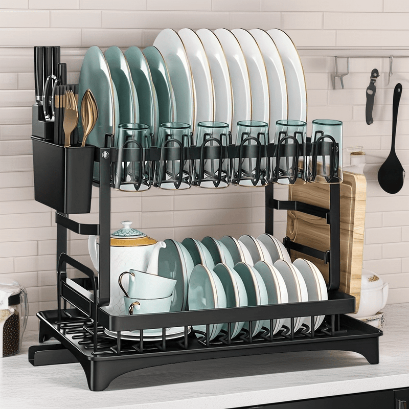 Escurridor de metal antioxido con diseño de doble capa + portavasos + organizador de utensilios + ranura para tabla de cortar — esencial ahorrador de espacio para cocinas pequeñas, estilo moderno en blanco y , adecuado para todas las estaciones