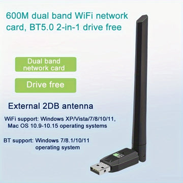 Adaptador de red inalámbrica WiFi de banda dual de 600Mhz USB, receptor externo de 2,4/5GHz para PC/Portátil/Escritorio, Plug-and-Play, Sin batería requerida, Adaptador WiFi para PC | Diseño USB elegante | Soporte de red de banda dual
