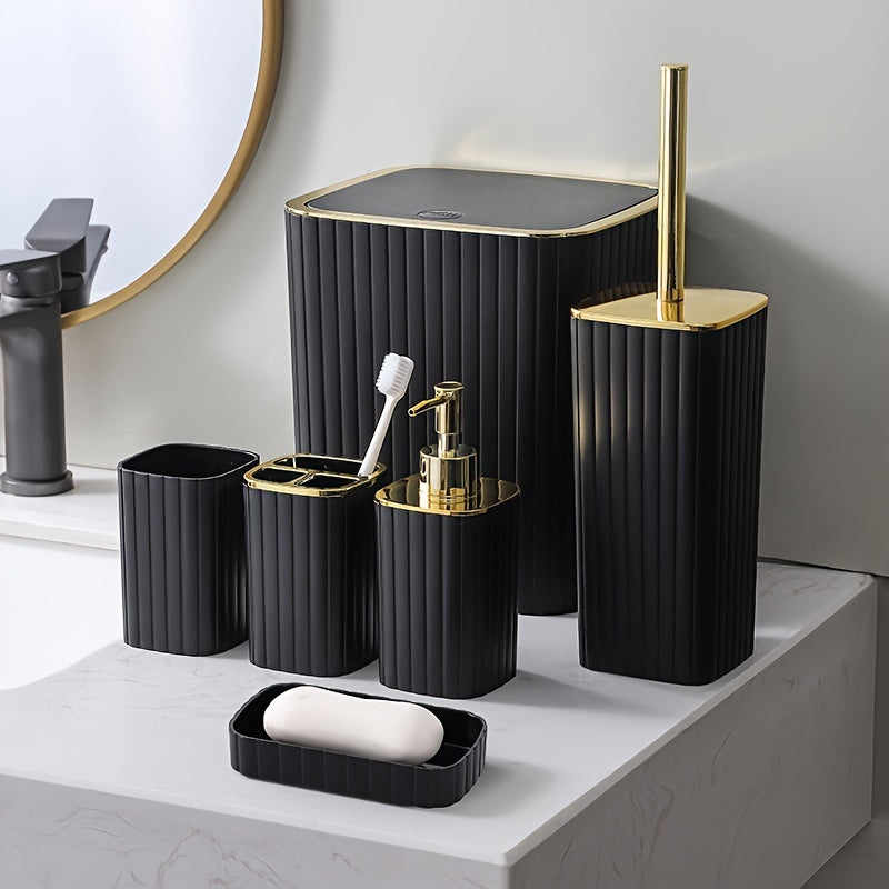 Juego de accesorios de baño de 6 piezas negro con soporte de cepillo de dientes, dispensador de jabón, bote de basura, cepillo de inodoro y soporte, plato de jabón - Plástico duradero, reutilizable, montaje en suelo