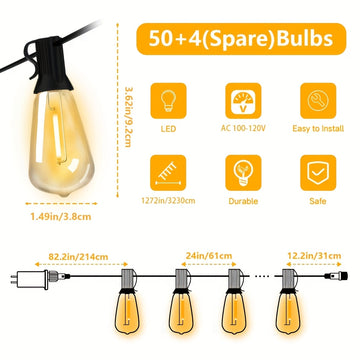 Luces de cuerda al aire libre ST38, 32,3 m/26,21 m/20,11 m/17,07 m/10,97 m/7,92 m, equipadas con 54/44/32/27/16/11 bombillas LED de alta calidad resistentes a los golpes de estilo retro. Adecuadas para calles, patios, cafeterías, bodas, fiestas de cumple