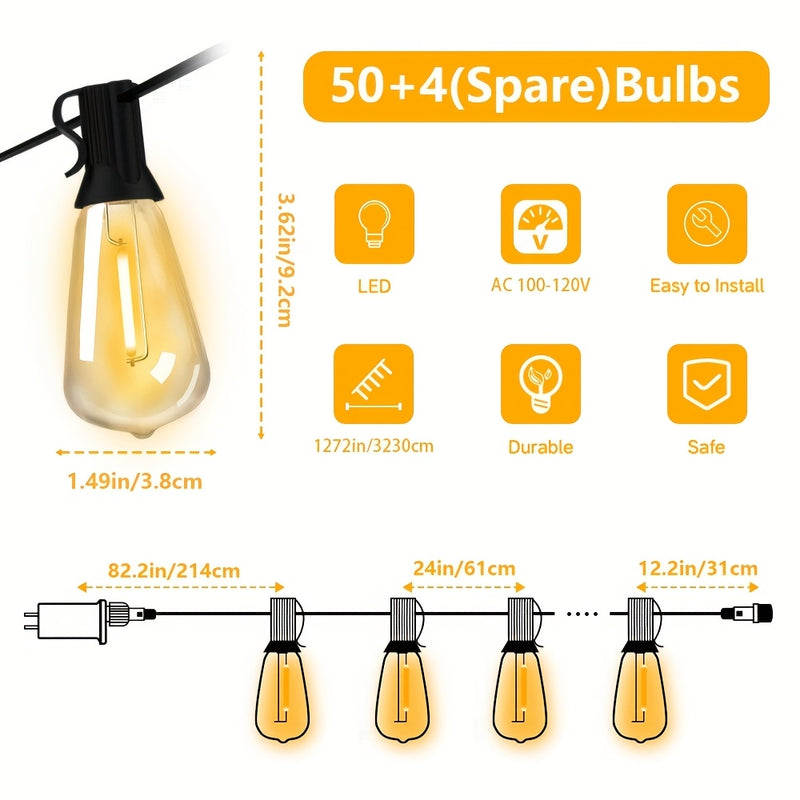 Luces de cuerda al aire libre ST38, 32,3 m/26,21 m/20,11 m/17,07 m/10,97 m/7,92 m, equipadas con 54/44/32/27/16/11 bombillas LED de alta calidad resistentes a los golpes de estilo retro. Adecuadas para calles, patios, cafeterías, bodas, fiestas de cumple