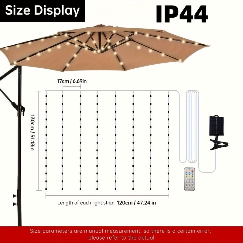 Luces Solares de Sombrilla TPGEBO con Control Remoto - 8 Modos de Brillo, Función de Temporizador, Pinza para Panel Solar para Patio, Playa, Jardín y Decoraciones de Fiesta (Incluye Pilas), Luces Solares Exteriores