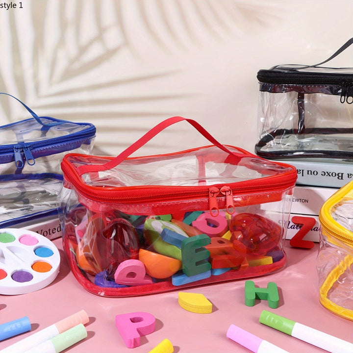 Paquete de 4 Bolsas de Almacenamiento Transparentes PVC con Asas y Cremalleras, Contenedores Organizadores Impermeables (23.62x17.02x11.43cm) para el Hogar, Juguetes, Manualidades, Oficina - Recipientes Multiusos Duraderos, Diseño Robusto con Asa