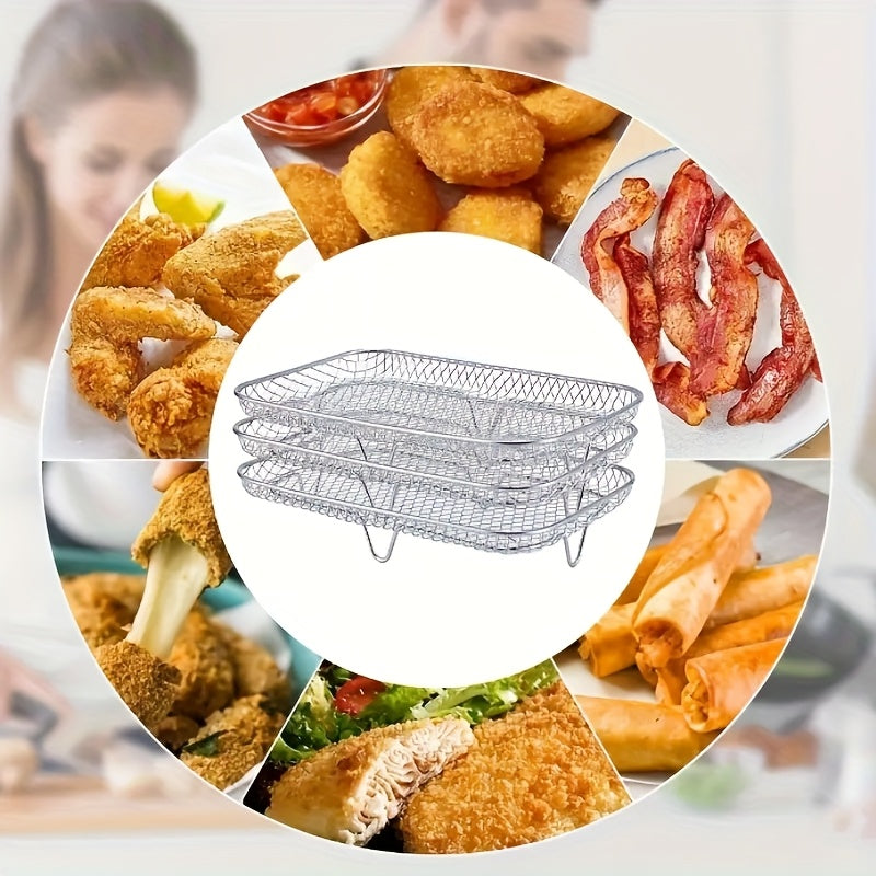 Parilla Cuadrada de Acero Inoxidable de 3 Niveles, Accesorio Multifuncional para Freidora de Aire, Apilable, Ideal para Hornear en Fiestas o Cocinar Delicias Caseras