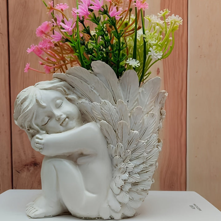 1pc Jarrón Moderno de Resina de Ángel Niño - Forma de Trompeta, Sin Batería con Diseño Detallado de Alas para Decoración Elegante del Hogar