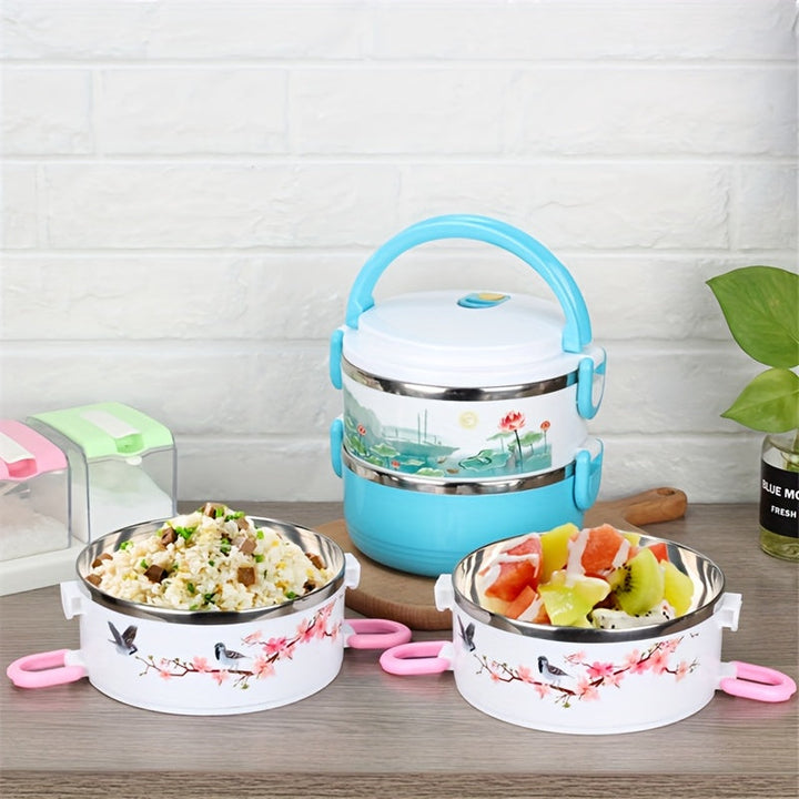 Recipiente de acero inoxidable de tres capas con tapa para mantener la frescura, redondo y apto para uso en la oficina, escuela, campamentos y cocina - 2100 ml / 70 onzas