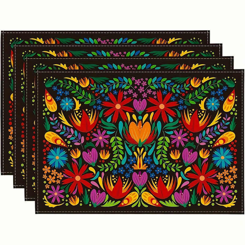 Juego de 4 Manteles Individuales con Diseño Mexicano y Flores - Vivos para el Día de los Muertos, Solo Lavado a Mano, Tapetes Rectangulares de Poliéster al 100% para Fiesta de Halloween y Decoración del Hogar
